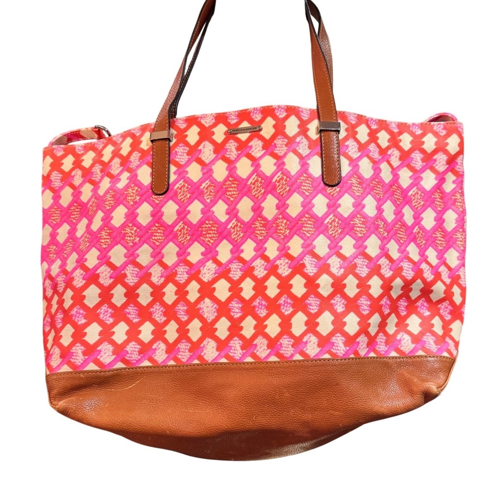 Rebecca Minkoff Canvas Tote Bag Beach Travel Summer Geometric Pattern Leather